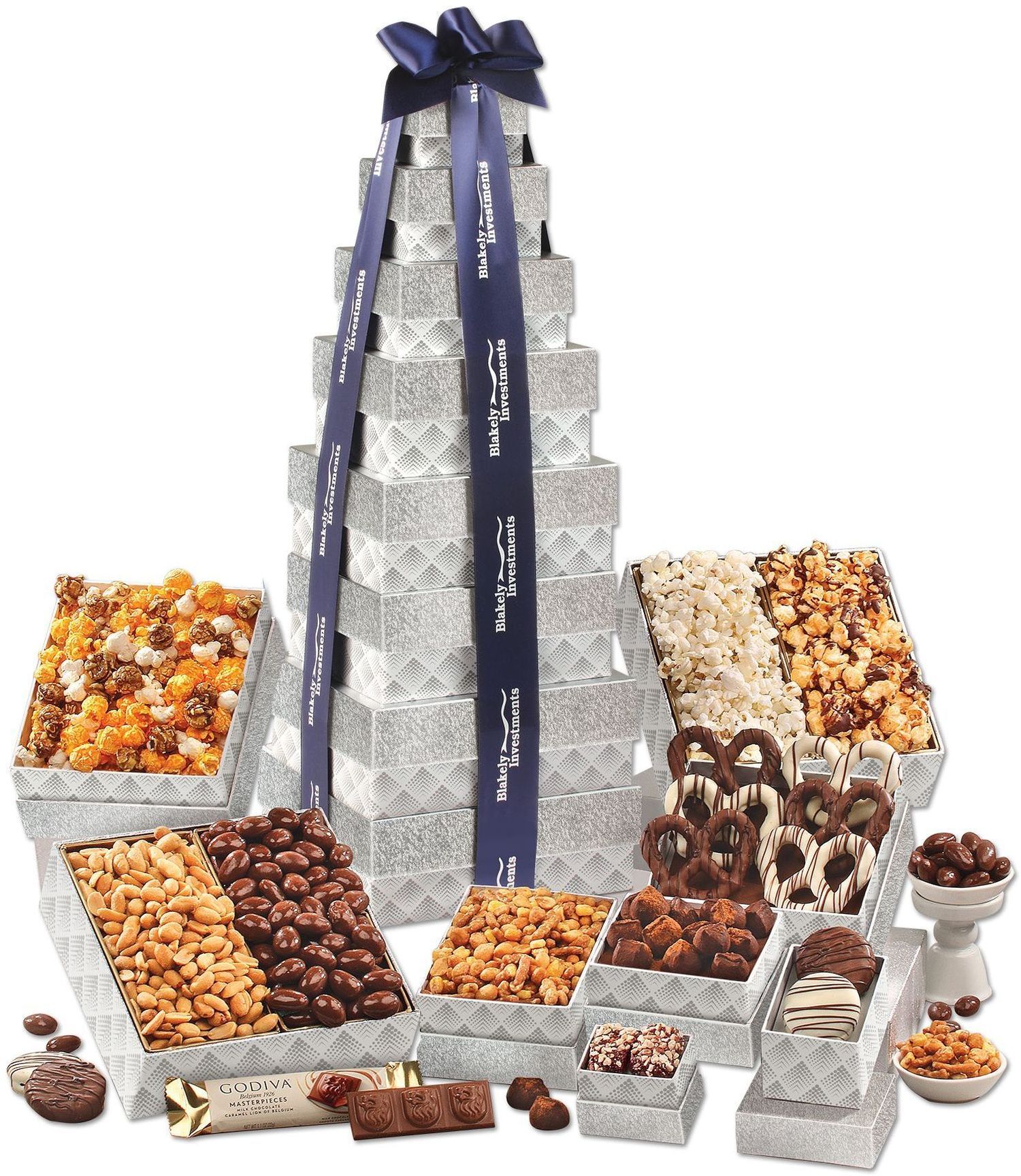 Silver Delights Chocolate & Food Variety Giant Party 8 Box Tower Gift Set - 8.125" L x 7.25" W x 23.625" H